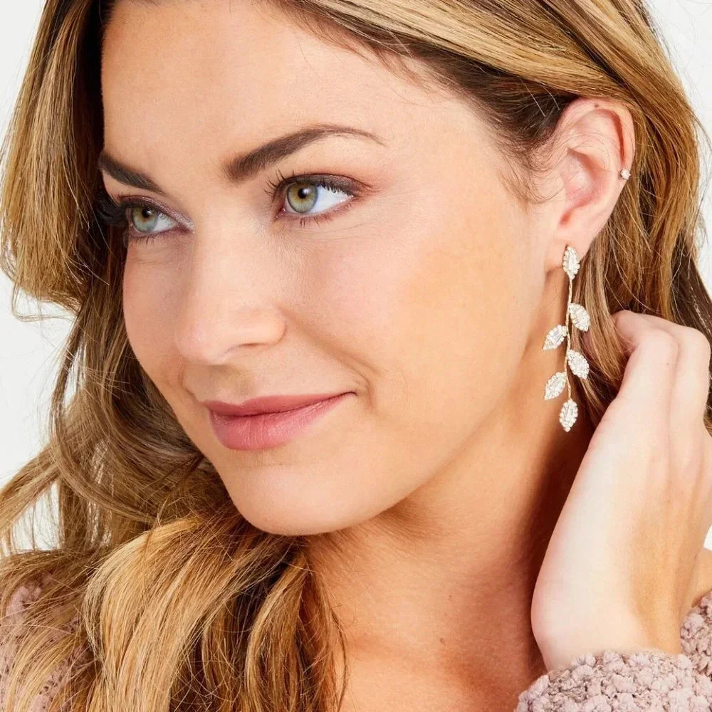 Diamond Leaf Petal Drop Statement Earrings